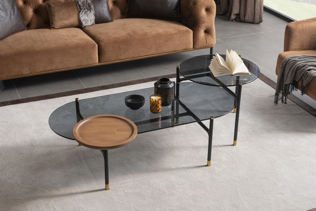 LAYLA BLACK TOP GLASS & CHESTNUT COFFEE TABLE